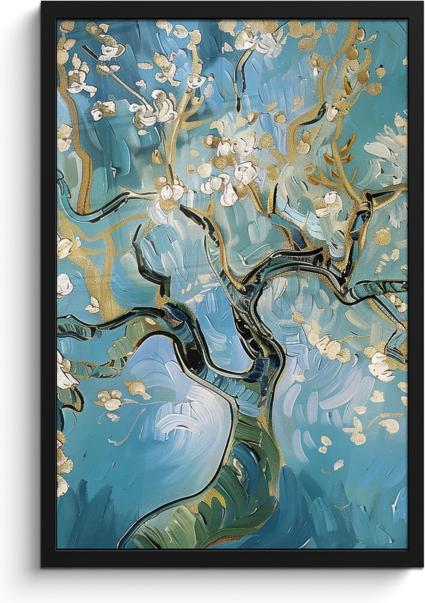 FrameYourWall Poster in lijst - Fotolijst 40x60 cm - Posters - Amandelbloesem boom - Blauw - Abstract - Posterlijst zwart - Decoratie - Wanddecoratie woonkamer - Muurdecoratie slaapkamer Blauw - Goud