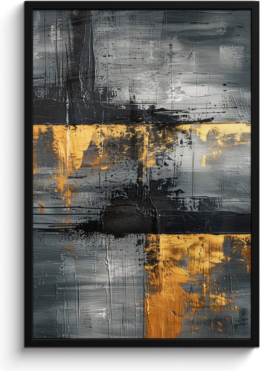 FrameYourWall Poster in lijst - Fotolijst 60x90 cm - Posters - Modern - Goud - Grijs - Patroon - Posterlijst zwart - Decoratie - Wanddecoratie woonkamer - Muurdecoratie slaapkamer