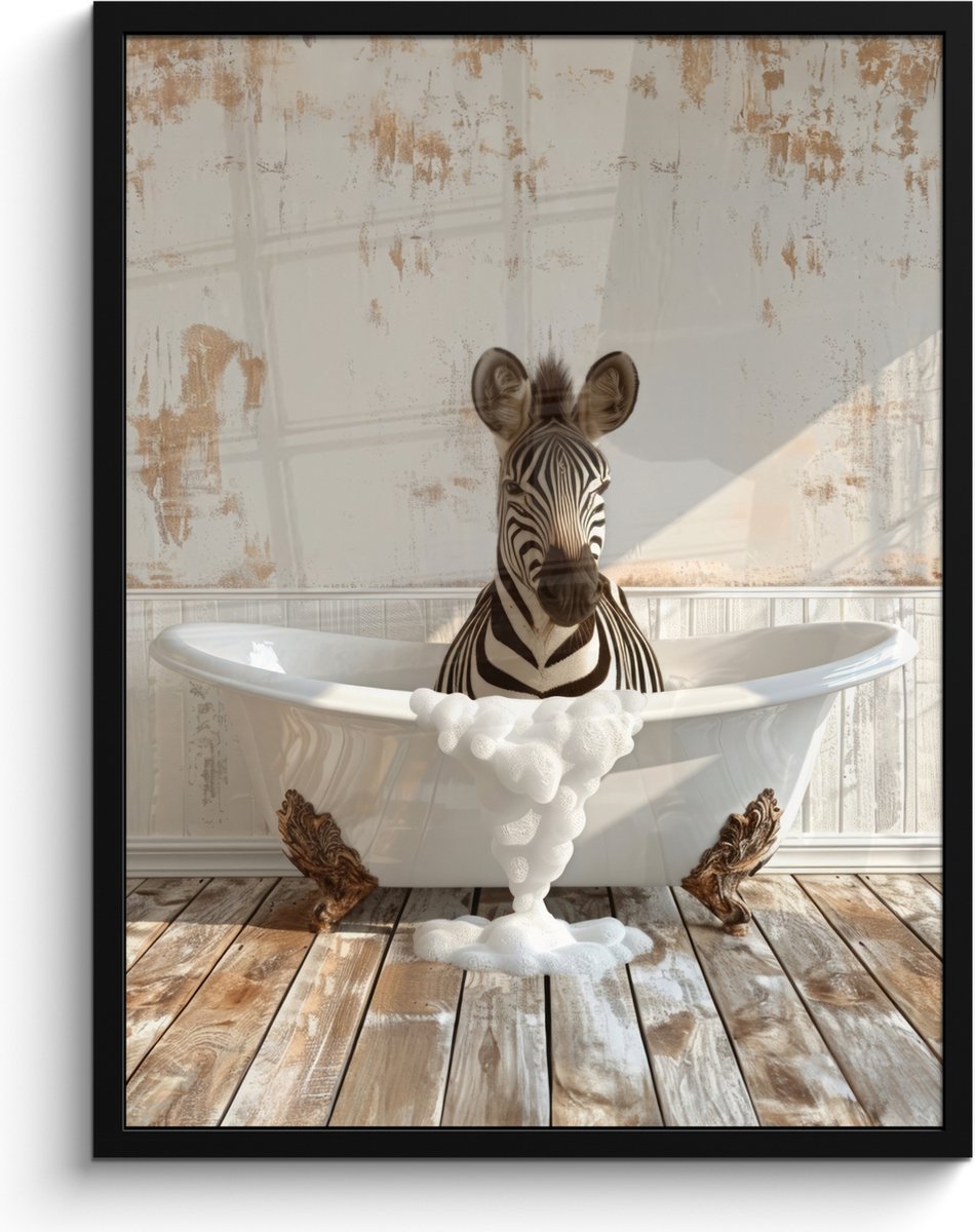 FrameYourWall Poster in lijst - Fotolijst 60x80 cm - Posters - Vintage - Zebra - Wilde dieren - Badkuip - Posterlijst zwart - Wanddecoratie badkamer - Muurdecoratie WC - Decoratieve accessoires - Toilet muur decoratie Zebra - Badkuip