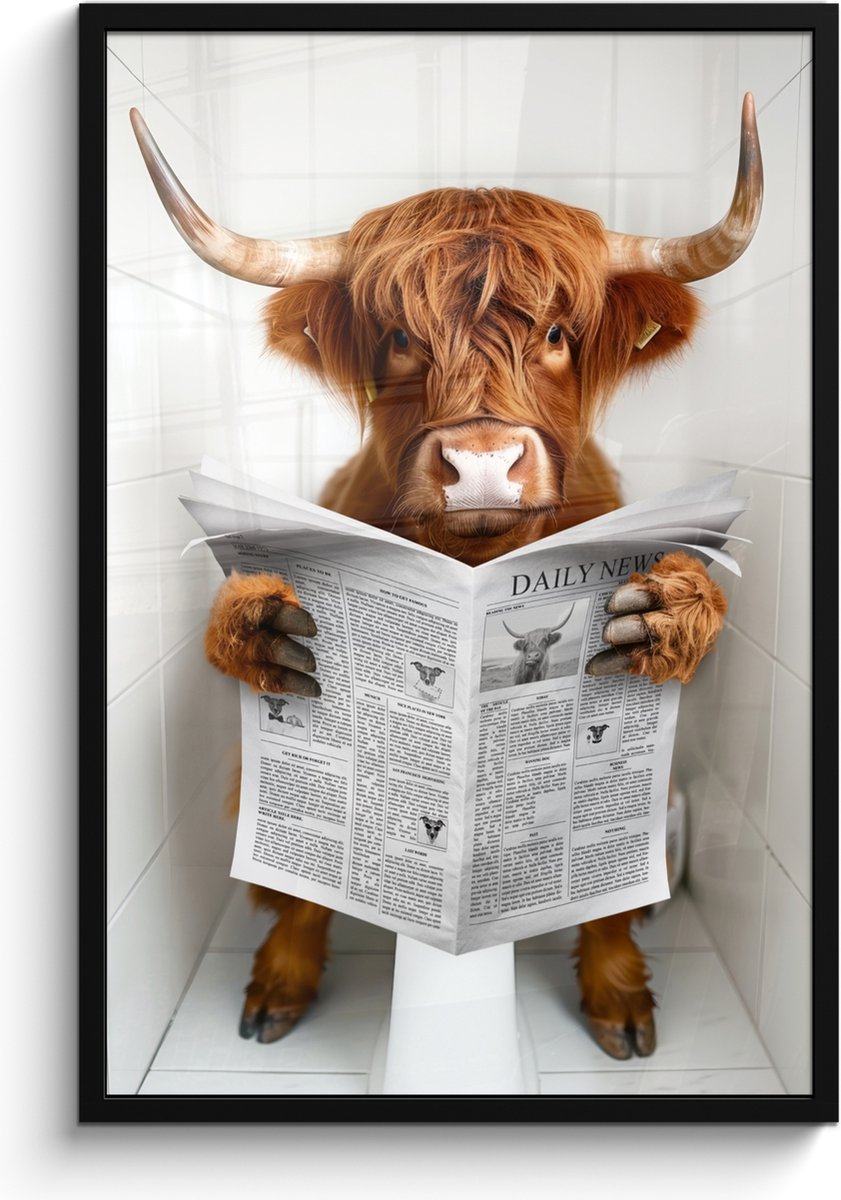 FrameYourWall Poster in lijst - Fotolijst 60x90 cm - Posters - Schotse Hooglander - Dier - Krant - Toilet - Posterlijst zwart - Wanddecoratie badkamer - Muurdecoratie WC - Decoratieve accessoires - Toilet muur decoratie Schotse hooglander - WC