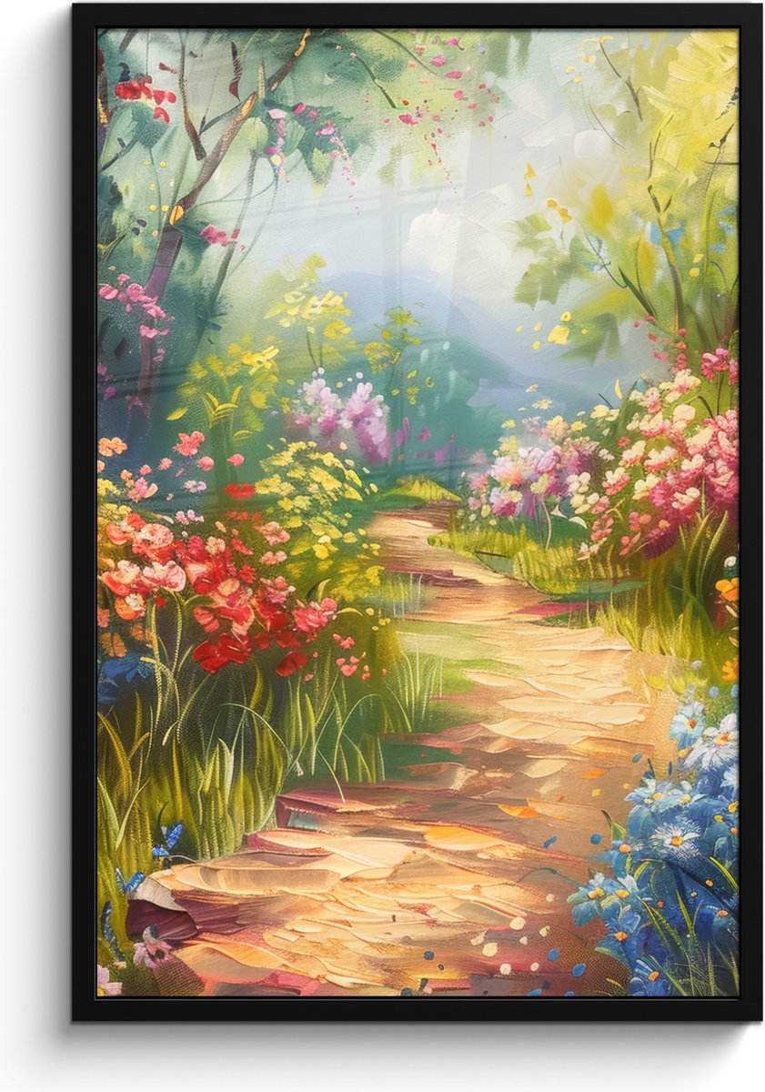 FrameYourWall Poster in lijst - Fotolijst 60x90 cm - Posters - Natuur - Landschap - Bloemen - Kleurrijk - Posterlijst zwart - Decoratie - Wanddecoratie woonkamer - Muurdecoratie slaapkamer Bloemen landschap