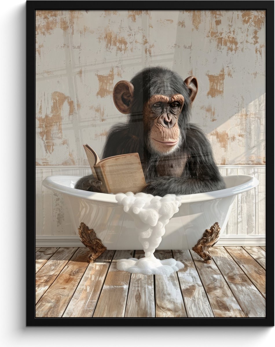 FrameYourWall Poster in lijst - Fotolijst 60x80 cm - Posters - Vintage - Aap - Badkuip - Schuim - Dier - Posterlijst zwart - Wanddecoratie badkamer - Muurdecoratie WC - Decoratieve accessoires - Toilet muur decoratie