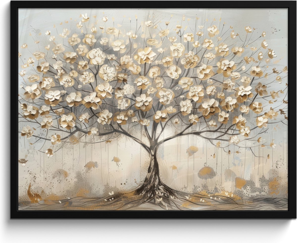 FrameYourWall Poster in lijst - Fotolijst 80x60 cm - Posters - Boom - Beige - Goud - Verflook - Grijs - Posterlijst zwart - Decoratie - Wanddecoratie woonkamer - Muurdecoratie slaapkamer Pastel - Goud