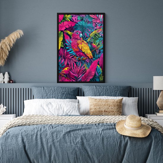 Affiche encadrée - Cadre photo 60x90 cm - Posters - Perroquet - Tropical - Jungle - Coloré - Cadre affiche noir - Décoration murale chambre ado - Décoration chambre ado - Accessoires chambre ado
