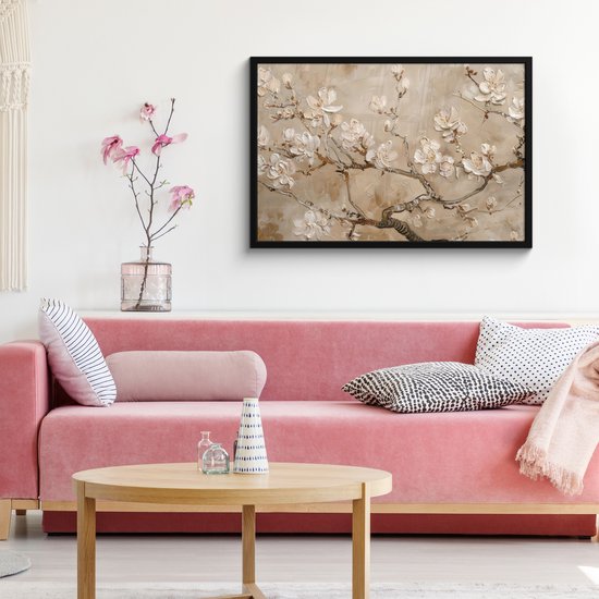 Affiche sous cadre - Cadre photo 90x60 cm - Posters - Fleurs - Moderne - Beige - Wit - Blossom - Cadre affiche noir - Décoration - Décoration murale salon - Décoration murale chambre