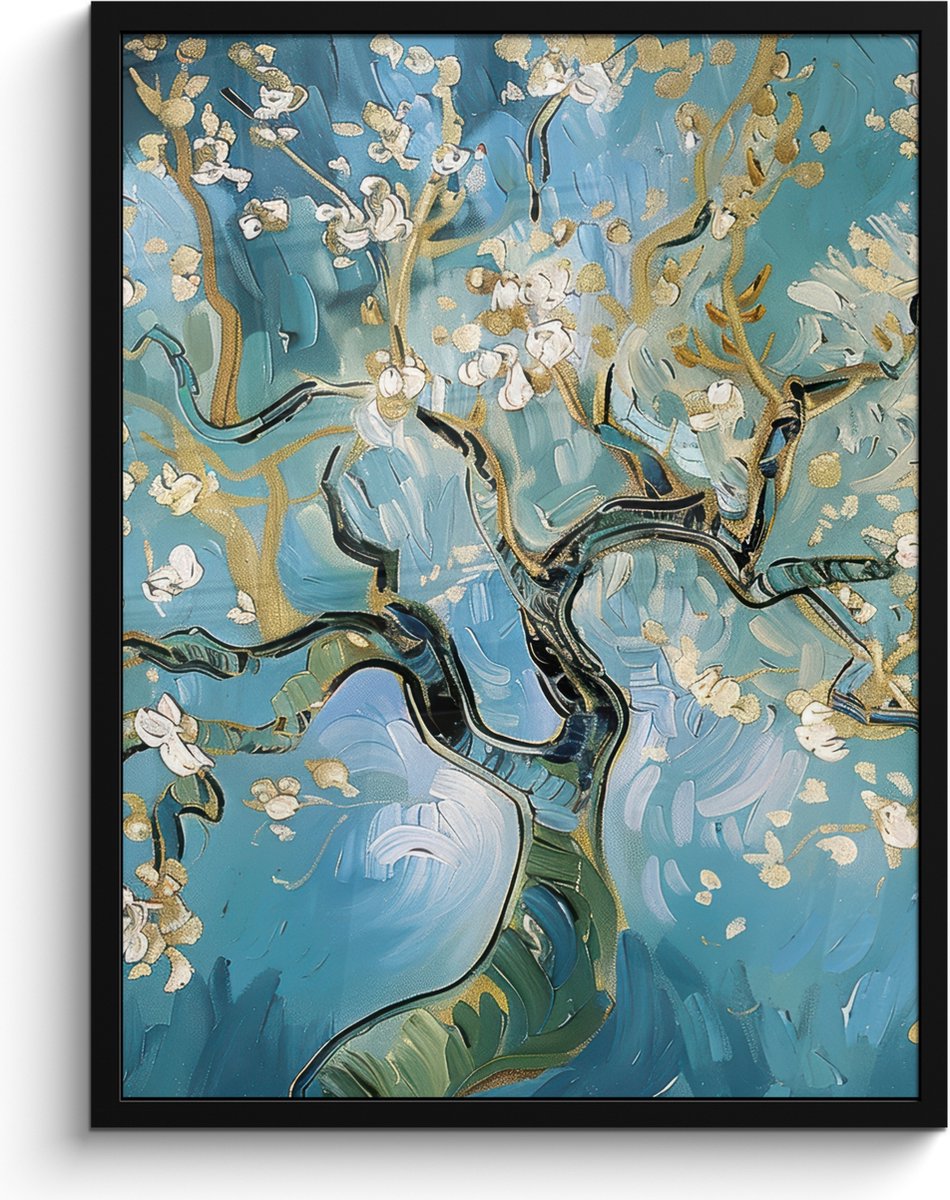 FrameYourWall Poster in lijst - Fotolijst 60x80 cm - Posters - Amandelbloesem boom - Blauw - Abstract - Posterlijst zwart - Decoratie - Wanddecoratie woonkamer - Muurdecoratie slaapkamer Blauw - Goud