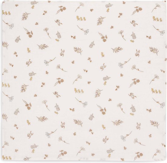 Witte hydrofiele doek met bruine print van konijnen, kuikens, bloemen en takjes.