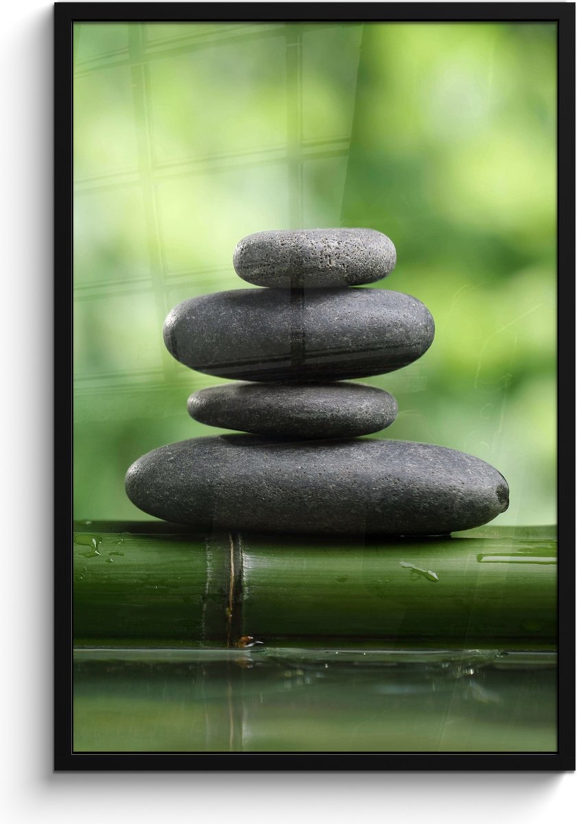 FrameYourWall Poster in lijst - Fotolijst 60x90 cm - Posters - Zen - Stenen - Groen - Natuur - Bamboe - Posterlijst zwart - Wanddecoratie badkamer - Muurdecoratie WC - Decoratieve accessoires - Toilet muur decoratie