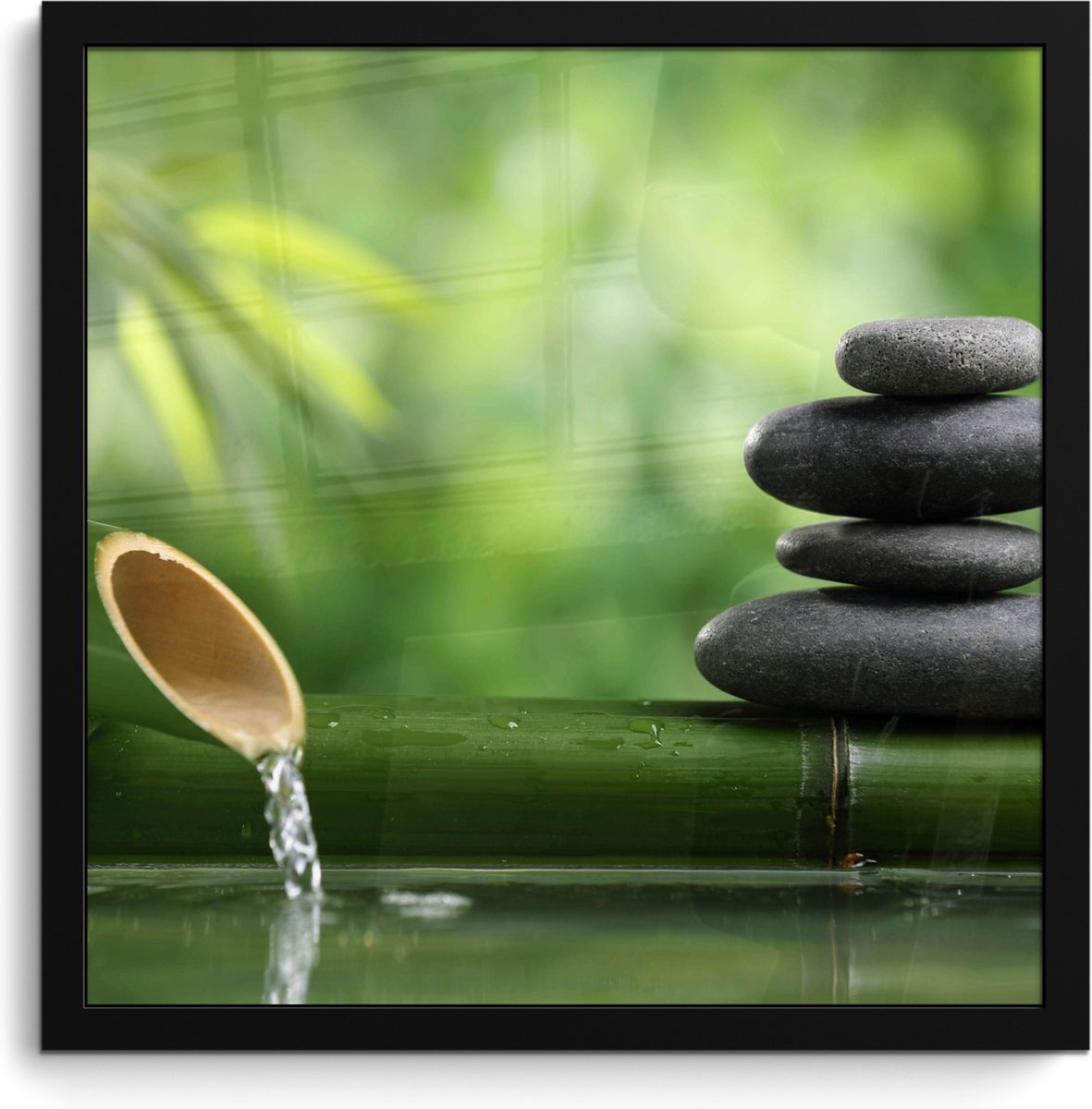 FrameYourWall Poster in lijst - Fotolijst 40x40 cm - Posters - Zen - Stenen - Groen - Natuur - Bamboe - Posterlijst zwart - Wanddecoratie badkamer - Muurdecoratie WC - Decoratieve accessoires - Toilet muur decoratie