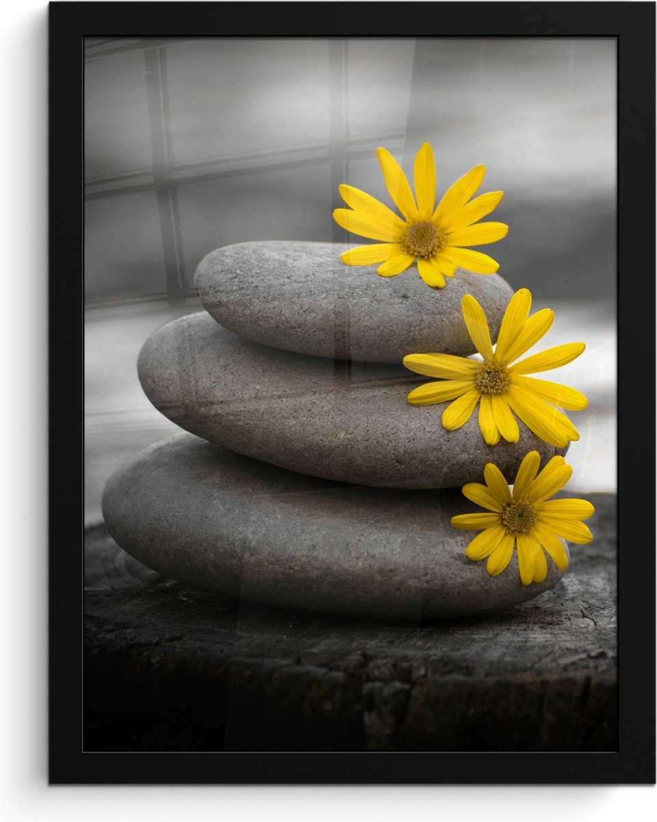 FrameYourWall Poster in lijst - Fotolijst 30x40 cm - Posters - Zen stenen - Bloemen - Geel - Natuur - Posterlijst zwart - Wanddecoratie badkamer - Muurdecoratie WC - Decoratieve accessoires - Toilet muur decoratie Stenen - Grijs