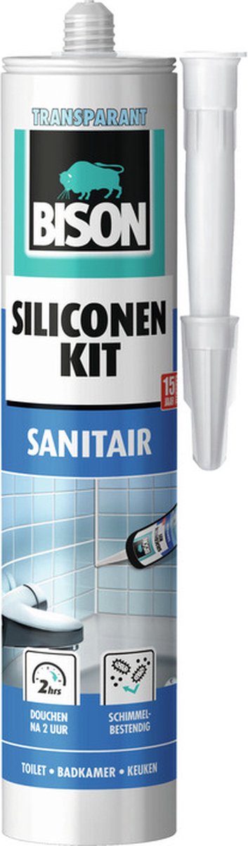 Bison Siliconenkit transparant koker 300 ml - waterbestendige kit, sanitaire afdichting, ongevoelig voor schimmel, kleurvast, blijvend elastisch, makkelijk verwerkbaar