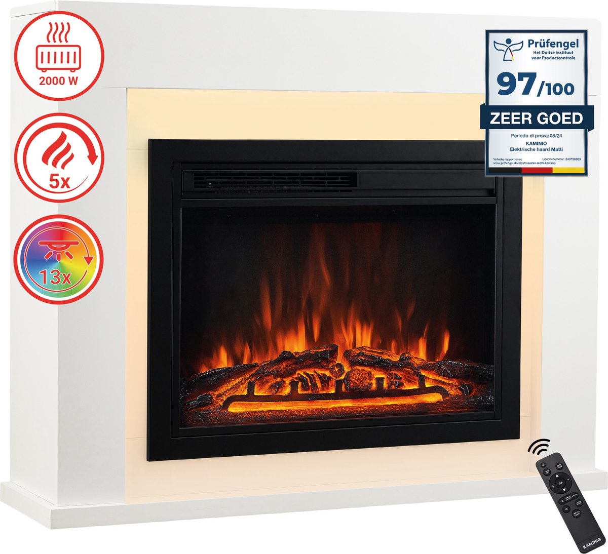 KAMINIO Elektrische haard MATTI - Elektrische staande haard met verwarming, 3D-vlammeneffect, LED-sfeerverlichting, afstandsbediening - Wit