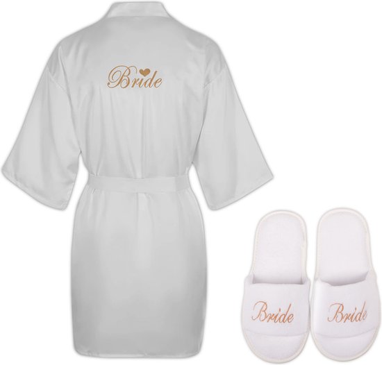 Bride Kimono/Ochtendjas + Bride Slippers Set ,Kimono Opdruk, Trouwen, Bruiloft, Wit, (S-M)