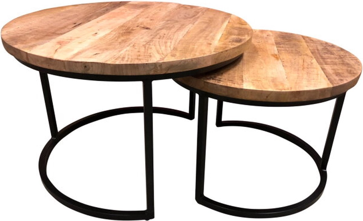 Meubelplaats salontafel Industrieel Lenny Set van 2 mangohout - 52x41 & 41x33 cm - bijzettafel set - mangohout & metaal Naturel