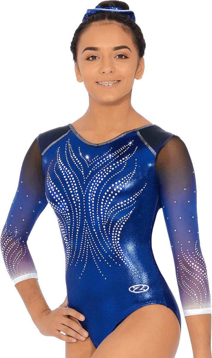 Marineblauw glans Temptation turnpakje lange mouwen met gaas maat 164 meisjes gympakje blauw blauwe donkerblauw donkerblauwe marine navy glitter stretch steentjes