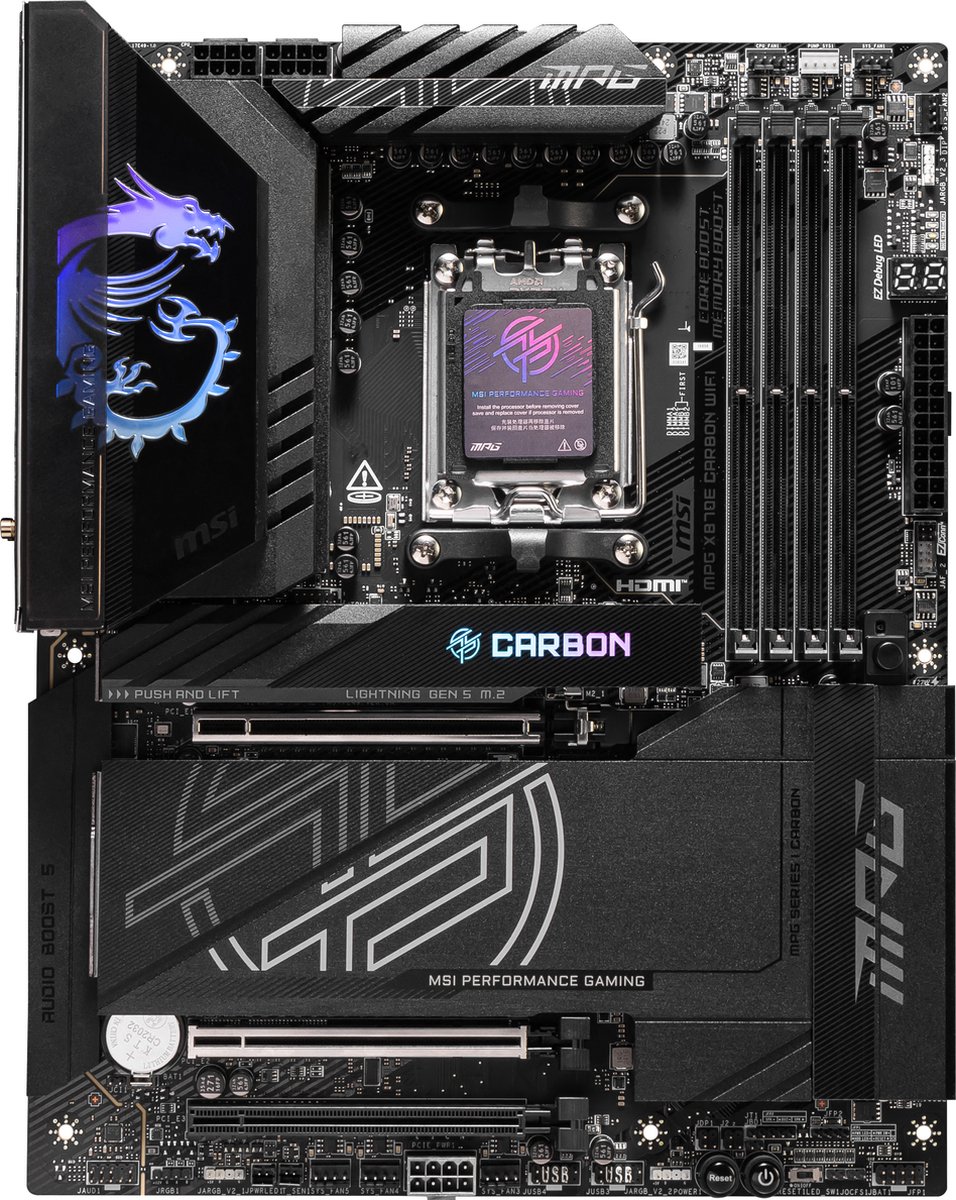 MSI MPG X870E CARBON WIFI moederbord RAID, 5 Gb-LAN, 2,5 Gb-LAN, WLAN, BT, Sound, ATX