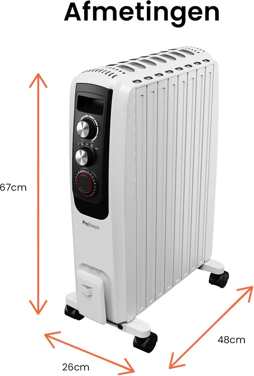 Pro Breeze 2000W Elektrische Verwarming tot 32 m2 - Olieradiator incl. Afstandsbediening, LED-Scherm, Ingebouwde Timer, 4 Warmtestanden, Thermostaat, Veiligheidsuitschakeling - Wit – foto 3