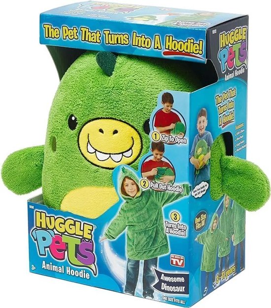 Jojoy PILLOWPET Groen Dino - Kids Hoodie Blanket - Knuffel & Hoodie in 1 - Deken met mouwen - Fleece deken - Oversized Hoodie