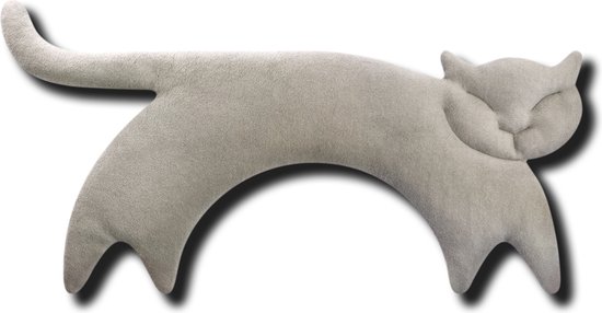 Grijze, zachte nekwarmer in de vorm van een kat met gebogen rug en omhoogstaande staart.