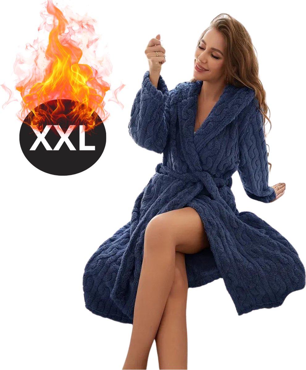 Livano Badjas Dames - Fleece - Katoen - Badstof - Sauna - Hamam - Wafel - Bathrobe - Duster - Ochtendjas - Kimono - Spa - Blauw