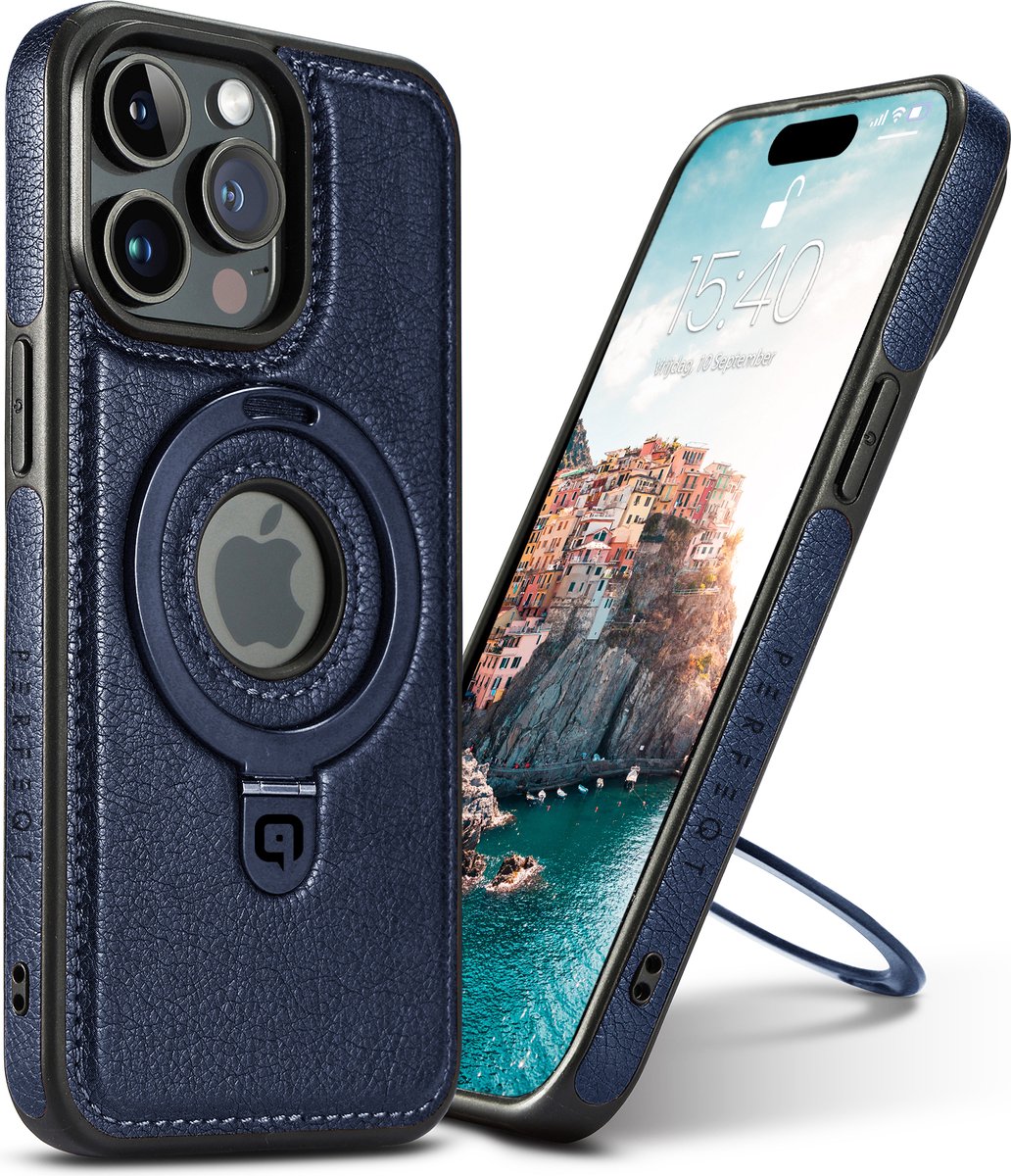 Perfeqt hoesje geschikt voor iPhone 16 Pro Max leren BackCover met Kickstand & Keyring houder - Blue