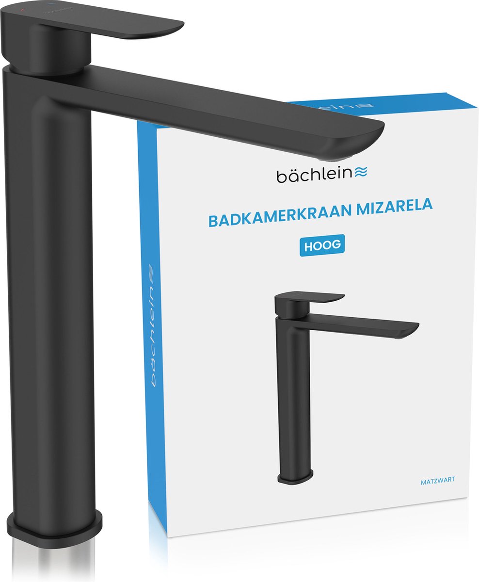 Bächlein Badkamerkraan hoog in klassiek ontwerp [zwart], ééngreepsmengkraan met duurzame keramische cartridge en montageset, badkraan - platte uitloop
