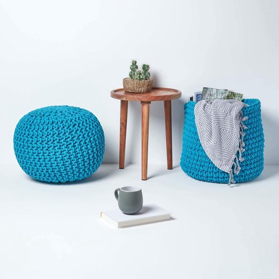 Homescapes Grote gebreide poef 100% katoen, paars