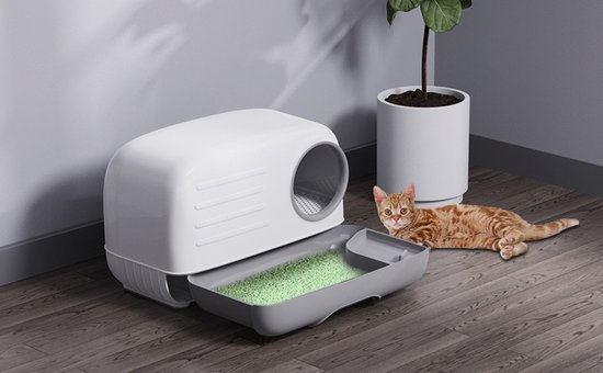 PETLUX® XL kattenbak Retro design met lade, schep en opbergruimte - grote kattenbak - Grijs