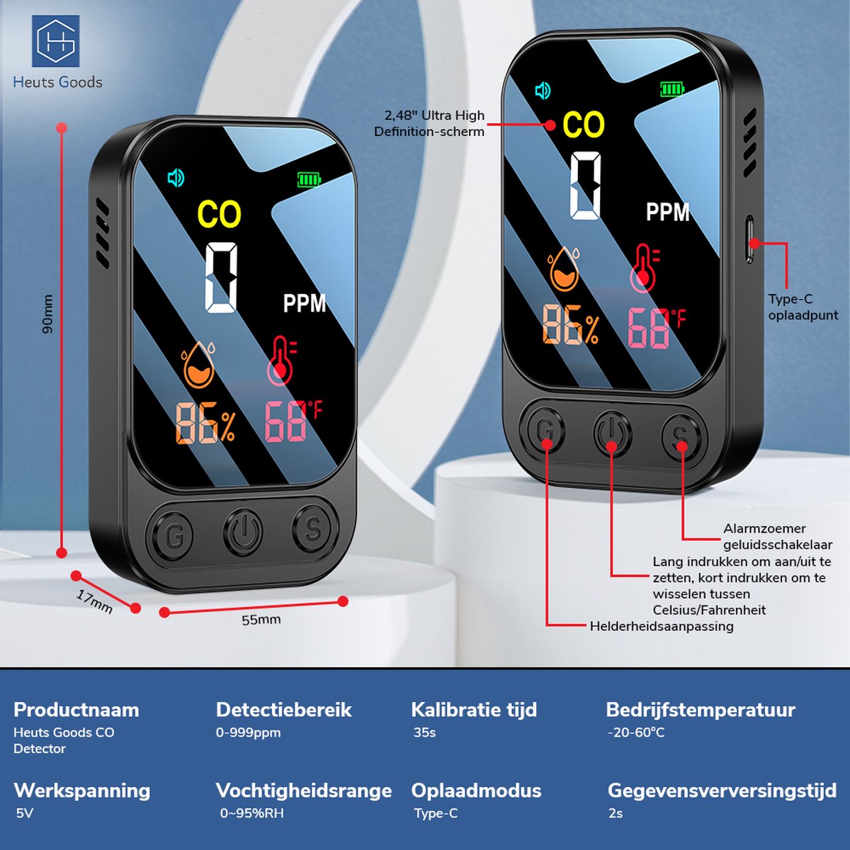 Mini CO-meter voor binnenruimtes pre-zise koolmonoxidemelder met slimme alarmfunctie: 3-in-1 voor vochtigheid, temperatuur en koolmonoxide. Draagbaar en oplaadbaar, ideaal voor thuis YOJOCK – Wit