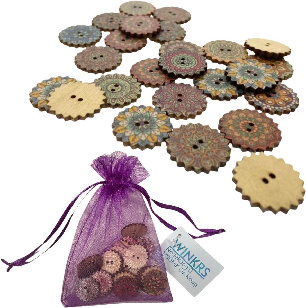 Winkrs | 25 Houten knopen Mandala knoop tandwiel - 20mm - DIY - Mix van knopen in diverse kleuren