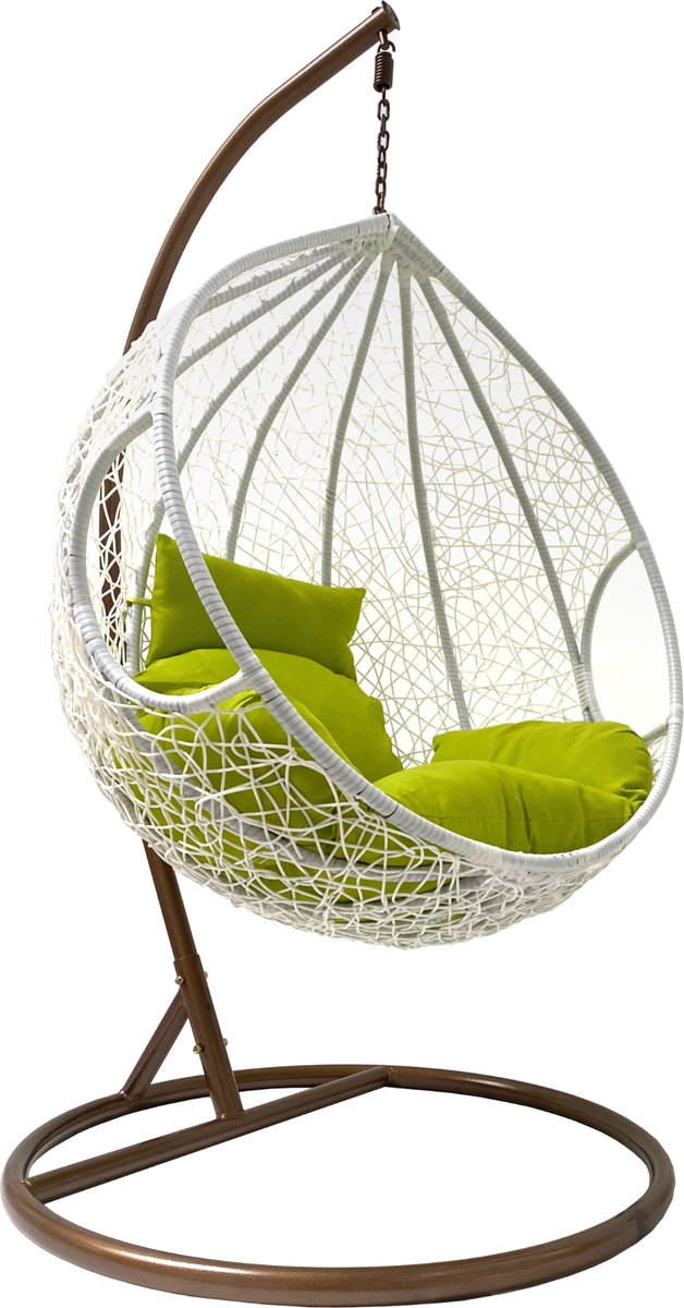 Rijoka Hangstoel Eggy Twisted Schommelstoel – Wit Rattan - Groen Kussen - Bruin Frame - XLarge - Voor personen 2.20m Max.
