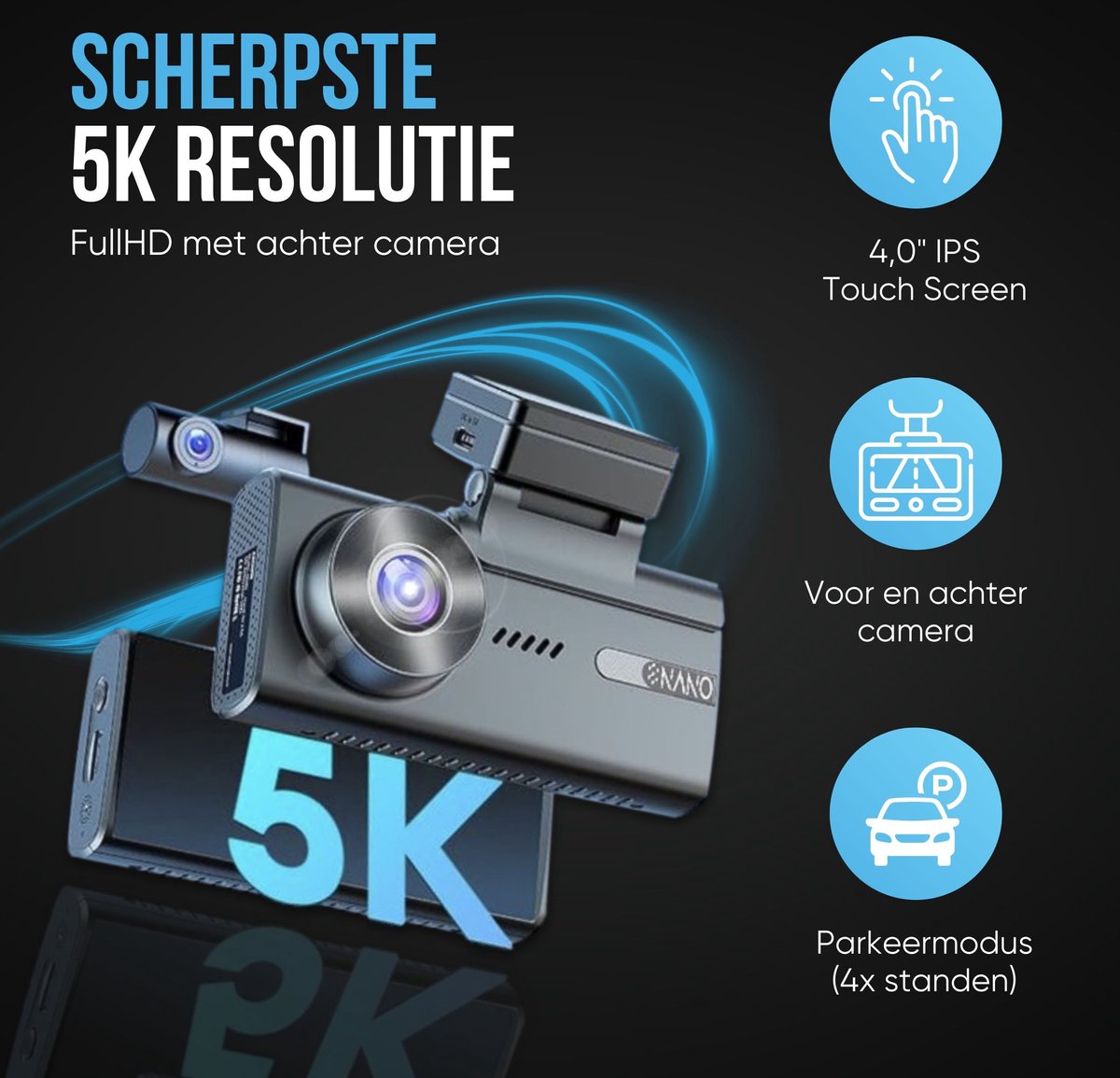 Nanocam M93 Pro dashcam voor auto met achter camera - 4K + Full HD resolutie - Parkeerbeveiliging - 64gb Micro SD - 4,0 inch Touch screen Lcd - 2x 150 graden kijkhoek - Nachtzicht thumbnail 6