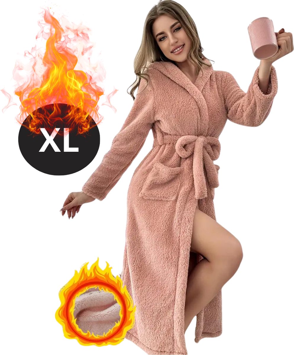 Livano Badjas Dames - Fleece - Katoen - Badstof - Sauna - Hamam - Wafel - Bathrobe - Duster - Ochtendjas - Kimono - Perzik