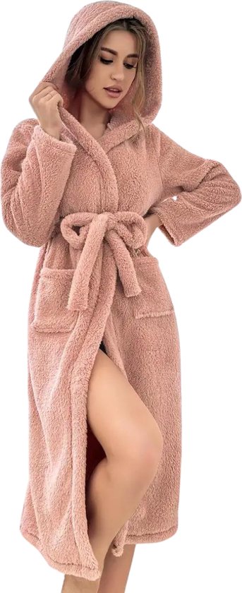 BOTCAM Ochtendjas voor dames, lang, wollig, behaaglijke badjas met kawaii, capuchon, huispak, knuffelig fleece, warme loungewear, badstof, lichte sauna, huisjas met riem, kimono, saunamantel, groen 5, XL