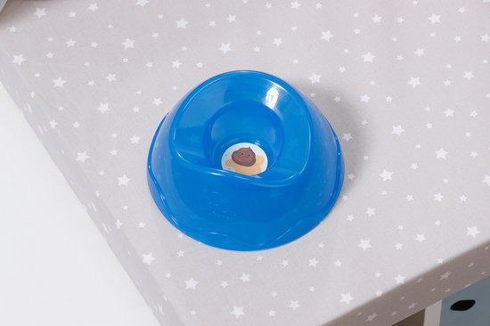 Blauwe pot met witte sterrenprint, met een sticker van een lachende drol.
