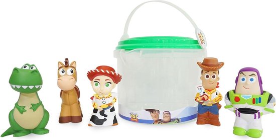 Zes Toy Story-figuren: Rex, paard, Jessie, Woody met Forky, Buzz Lightyear en een emmer.
