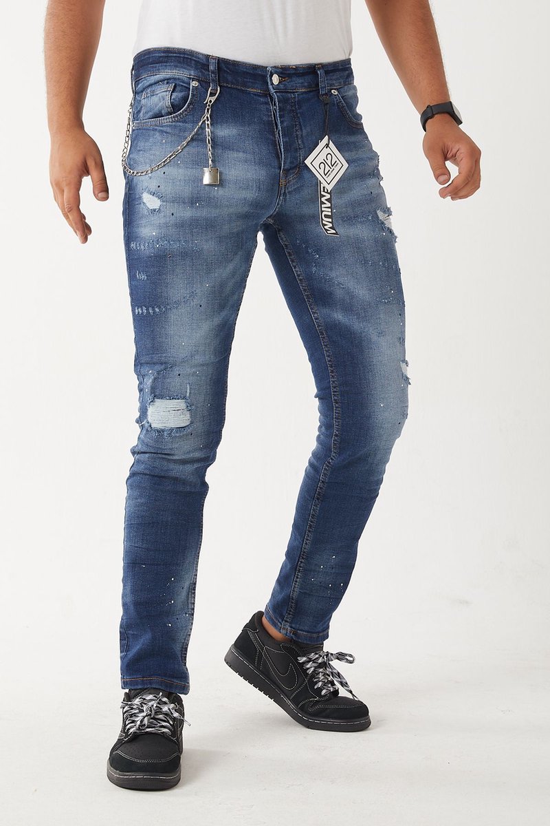 212 by XWAY JEANS 1008 - RIPPET MET PAINT SPLATTER - HEREN SLIM FIT JEANS - SPIJKERBROEK - SLIM FIT - PREMIUM STREET FASHION - BLAUW