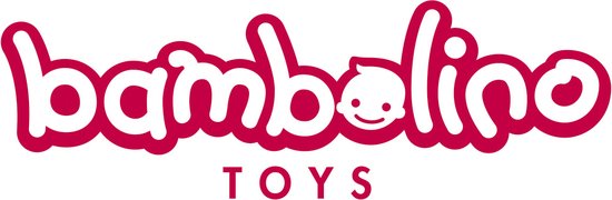 Het logo van Bambolino Toys met een rode, speelse tekst en een gezichtje.