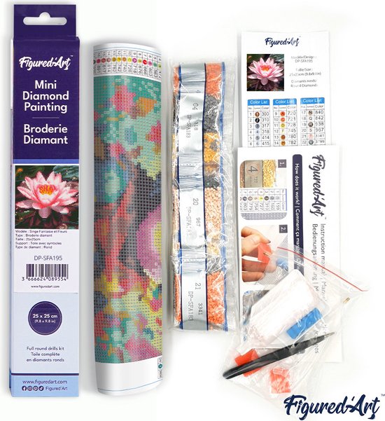 Figured' Art Mini Peinture de diamants Set Adultes 25x25 cm Nénuphar Rose - 5D DIY Art Foret Complet Diamant Rond - Toile roulée