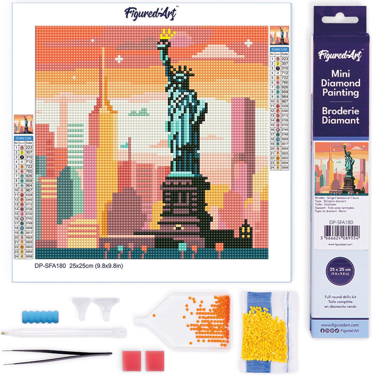 Figured'Art Mini Diamond Painting set Volwassenen 25x25 cm Heldere New Yorkse Skyline - 5D DIY Art full drill ronde diamant - Opgerold canvas
