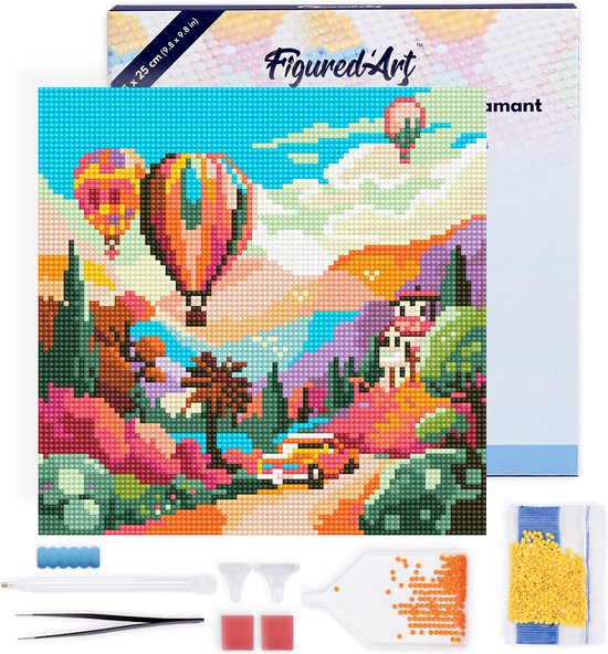 Figured'Art Mini Diamond Painting set Volwassenen 25x25 cm met lijst Ballonnen boven de Vallei - 5D DIY Art full drill ronde diamant - Canvas al ingelijst