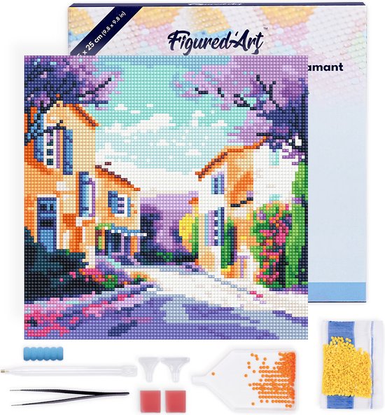 Figured'Art Mini Diamond Painting set Volwassenen 25x25 cm met lijst Lente in de Provence - 5D DIY Art full drill ronde diamant - Canvas al ingelijst