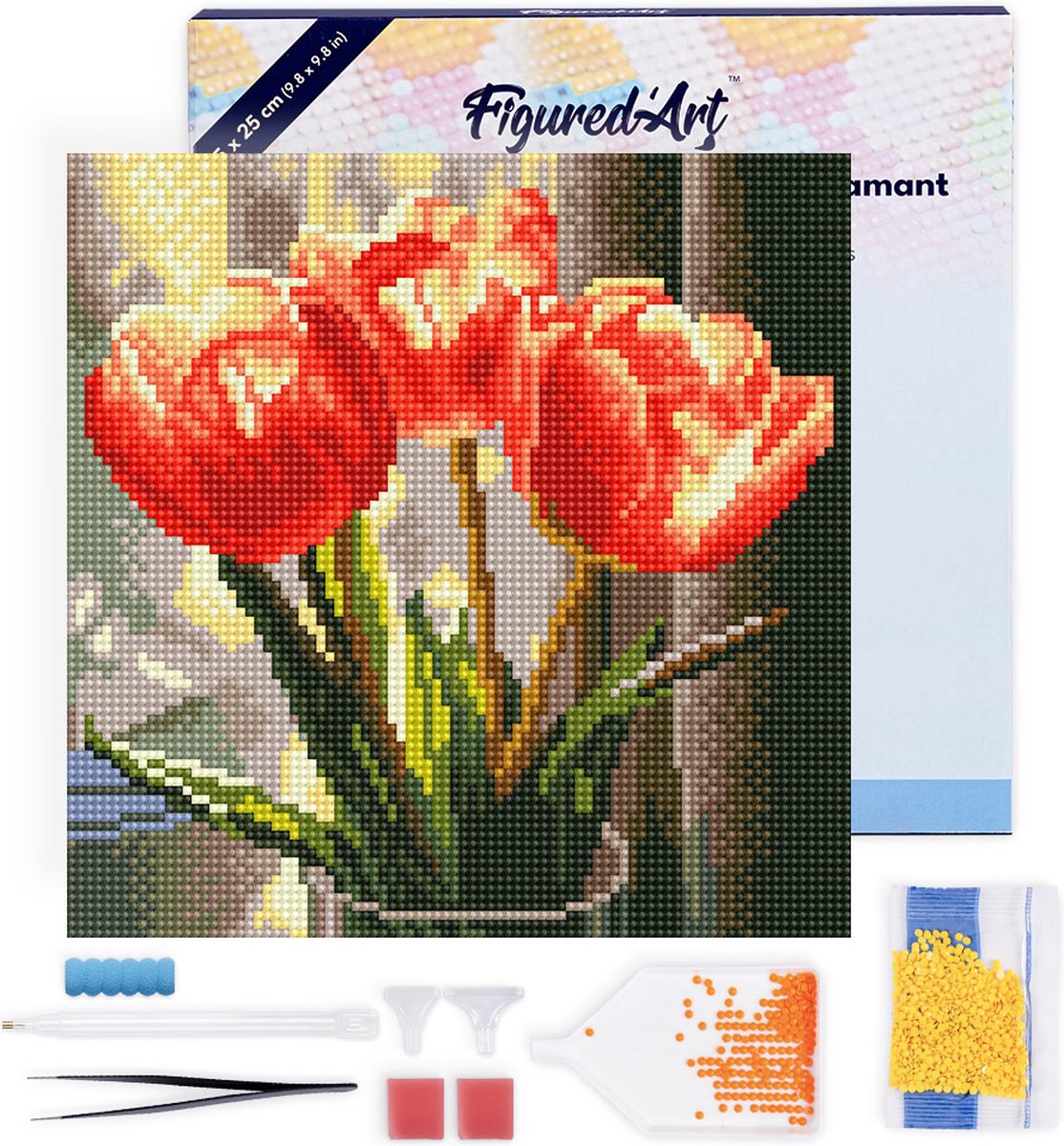 Figured'Art Mini Diamond Painting set Volwassenen 25x25 cm met lijst Perzikkleurige Tulpen - 5D DIY Art full drill ronde diamant - Canvas al ingelijst