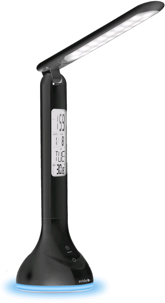 Avide LED Bureaulamp Dimbaar 4W - USB Opladen - Met Kalender + Alarm + Klok + Thermometer Functie - 250 lumen - Zwart