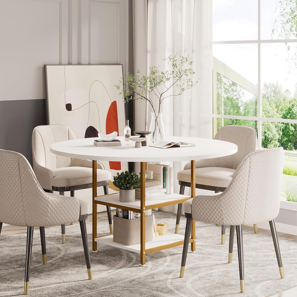 Tribesigns Eettafel Rond - 120cm Ronde Tafel - Wit en Goud - Boerderijkeukentafel met Metalen Onderstel - Moderne Kleine Eettafel van Massief Hout voor Eetkamer, Keuken, Woonkamer – foto 4