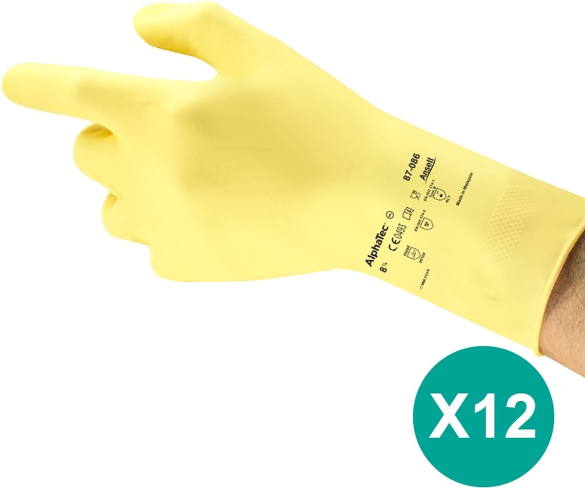 Goedkoopste AlphaTec® 87-086 - Chemische beschermende handschoenen, Huishouden, Latex, M, Geel, 12 paar