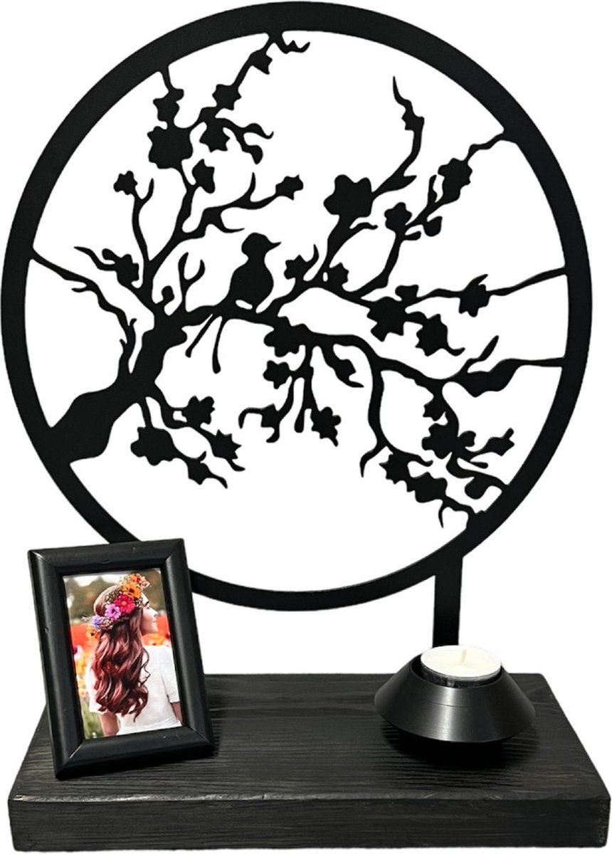Urn beeld - Bloesemtak - metaal in hout - 28cm - Design urn - incl. as buisje in sokkel - keepsake