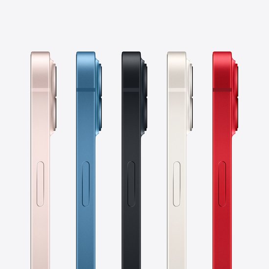 Vijf iPhones naast elkaar in de kleuren roze, blauw, zwart, wit en rood, gezien vanaf de zijkant.