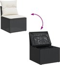Donkergrijze fauteuil van polyrotan met crèmekleurig kussen, geopend om opbergruimte te tonen.