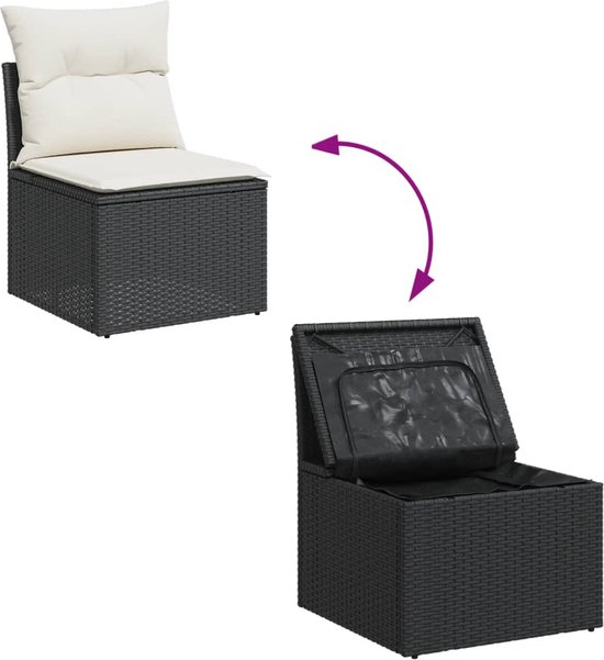 Donkergrijze fauteuil van polyrotan met crèmekleurig kussen, geopend om opbergruimte te tonen.